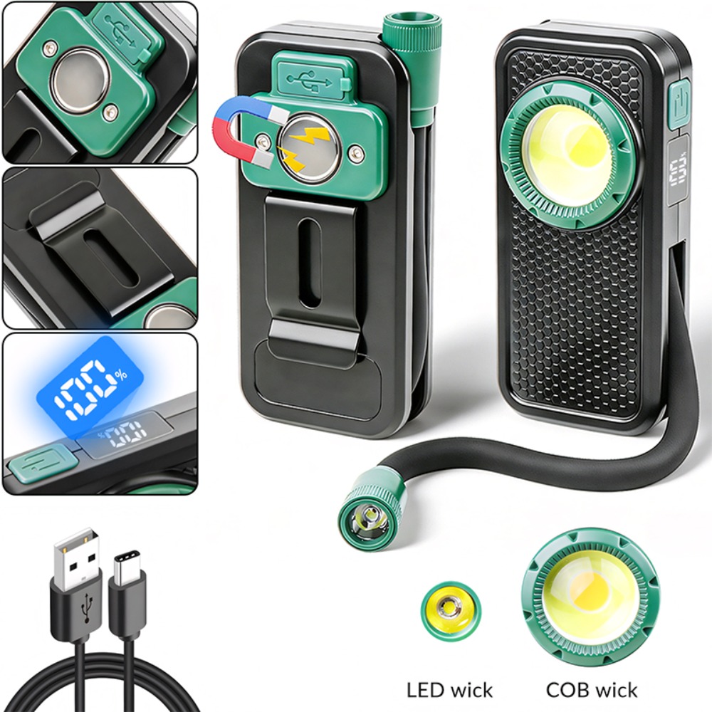 Outdoor Power Supply - ไฟฉายแม่เหล็กแบบใหม่พร้อมคลิปหนีบปากกา สายดัดงอได้ ชาร์จผ่าน USB พร้อมหน้าจอแสดงพลังงานดิจิตอล สำหรับการตรวจสอบกลางแจ้ง