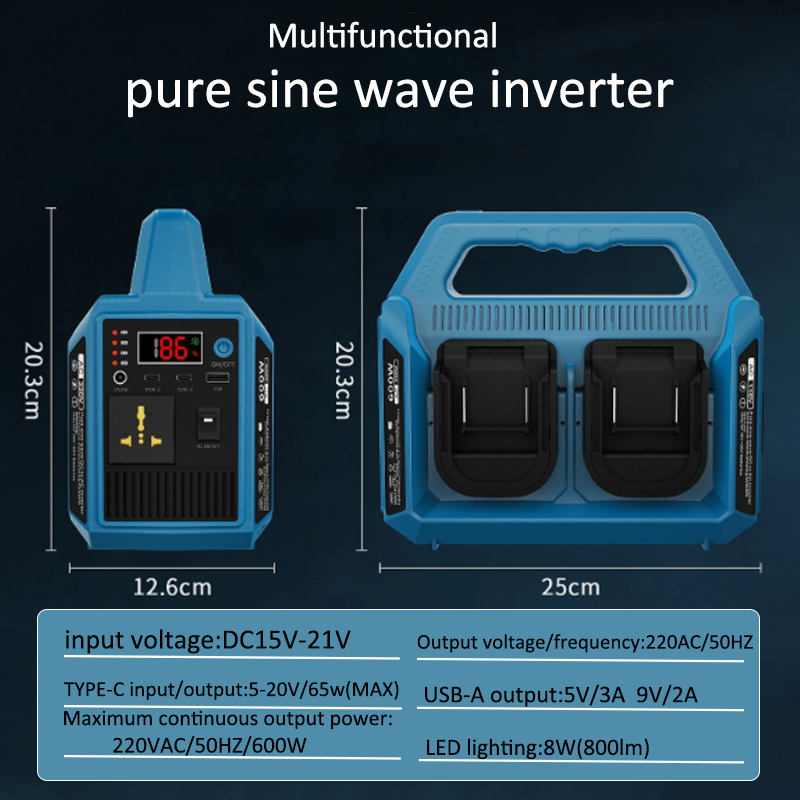 Outdoor Usb Power Adapter - อินเวอร์เตอร์แบตเตอรี่ลิเธียม 600W พร้อมอะแดปเตอร์พาวเวอร์แบงค์ USB สำหรับ Makita/Dewalt/Milwaukee/Bosch/Einhell/WORX18V