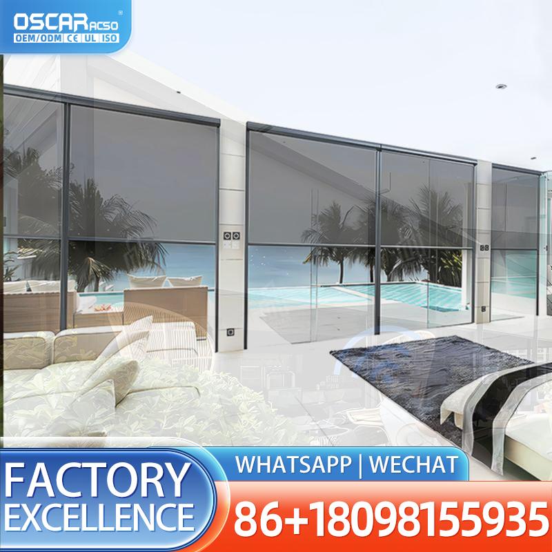 Outdoor Power Roller Shades - ม่านม้วนไฟฟ้าแนวตั้ง ป้องกันลม ดีไซน์คลาสสิก ทำจากอะลูมิเนียม สำหรับใช้ภายนอกบ้าน ระเบียง