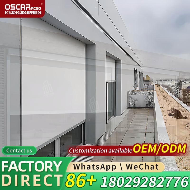 Outdoor Power Roller Shades - ชุดอุปกรณ์ปิดหลังคาระเบียงกลางแจ้งแบบสั่งทำพิเศษ สีเขียว ใช้พลังงานแสงอาทิตย์ ทนทานต่อสภาพอากาศ สำหรับสวน ระเบียง