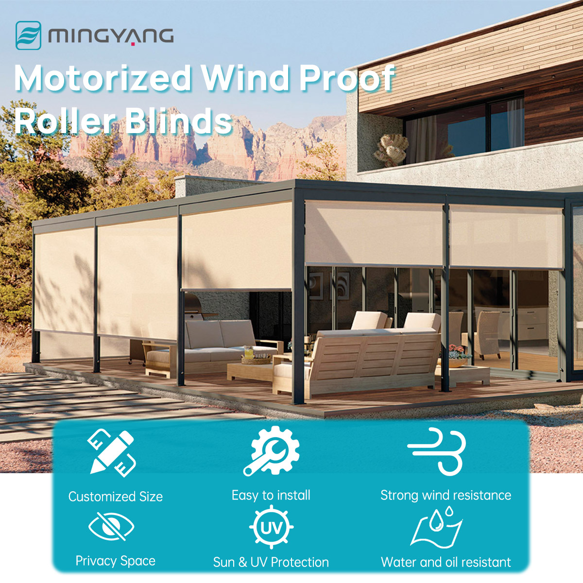 ม่านม้วนไฟฟ้ากันน้ำ กันลม สำหร - Outdoor Power Roller Shades บทวิจารณ์และราคา